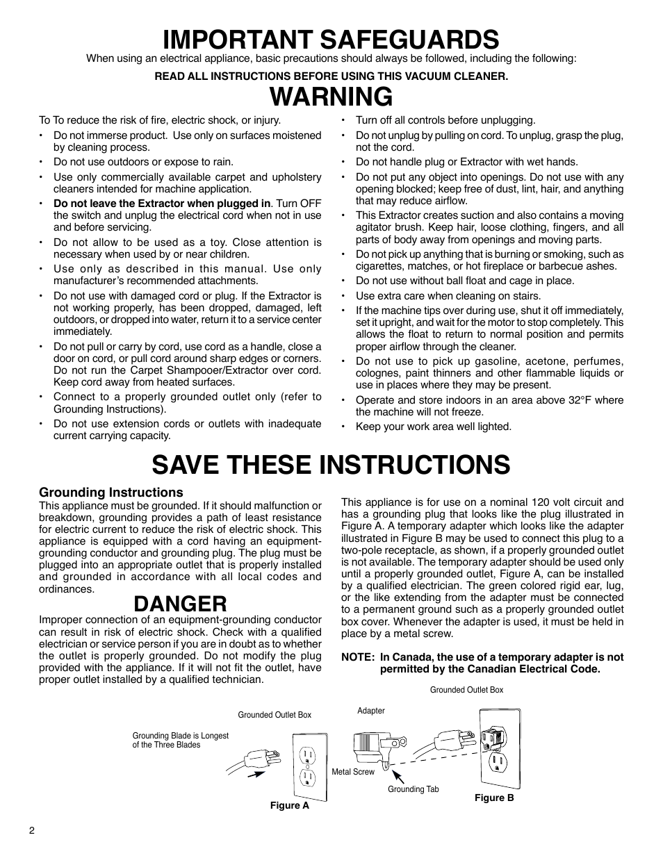 Important safeguards, Warning, Save these instructions | Danger | Sanitaire SC6090 Series User Manual | Page 2 / 5