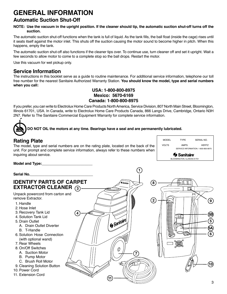 General information, Automatic suction shut-off, Service information | Rating plate, Identify parts of carpet extractor cleaner | Sanitaire SC6090 Series User Manual | Page 3 / 5