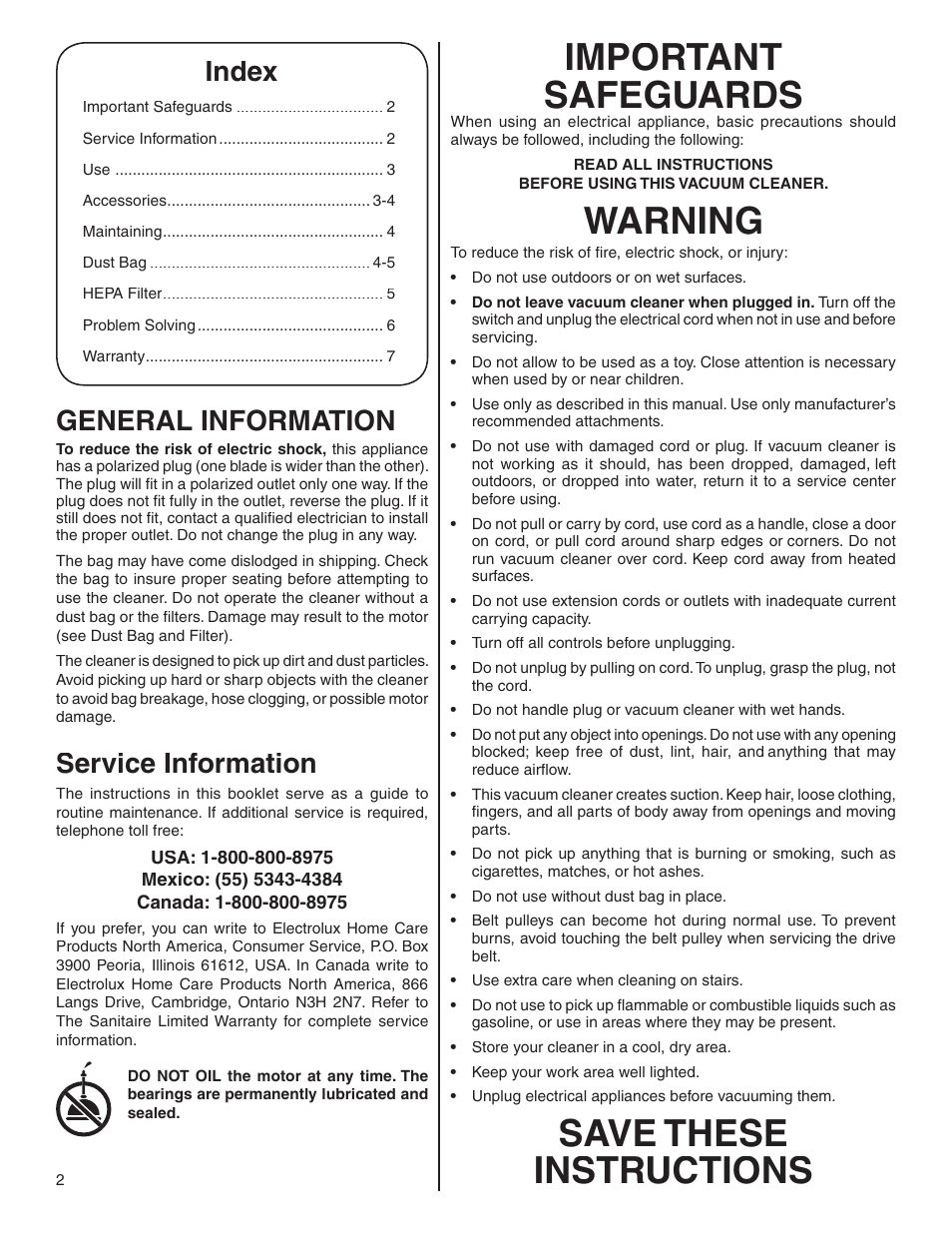 Important safeguards, Warning, Save these instructions | General information, Service information, Index | Sanitaire S3680 User Manual | Page 2 / 8