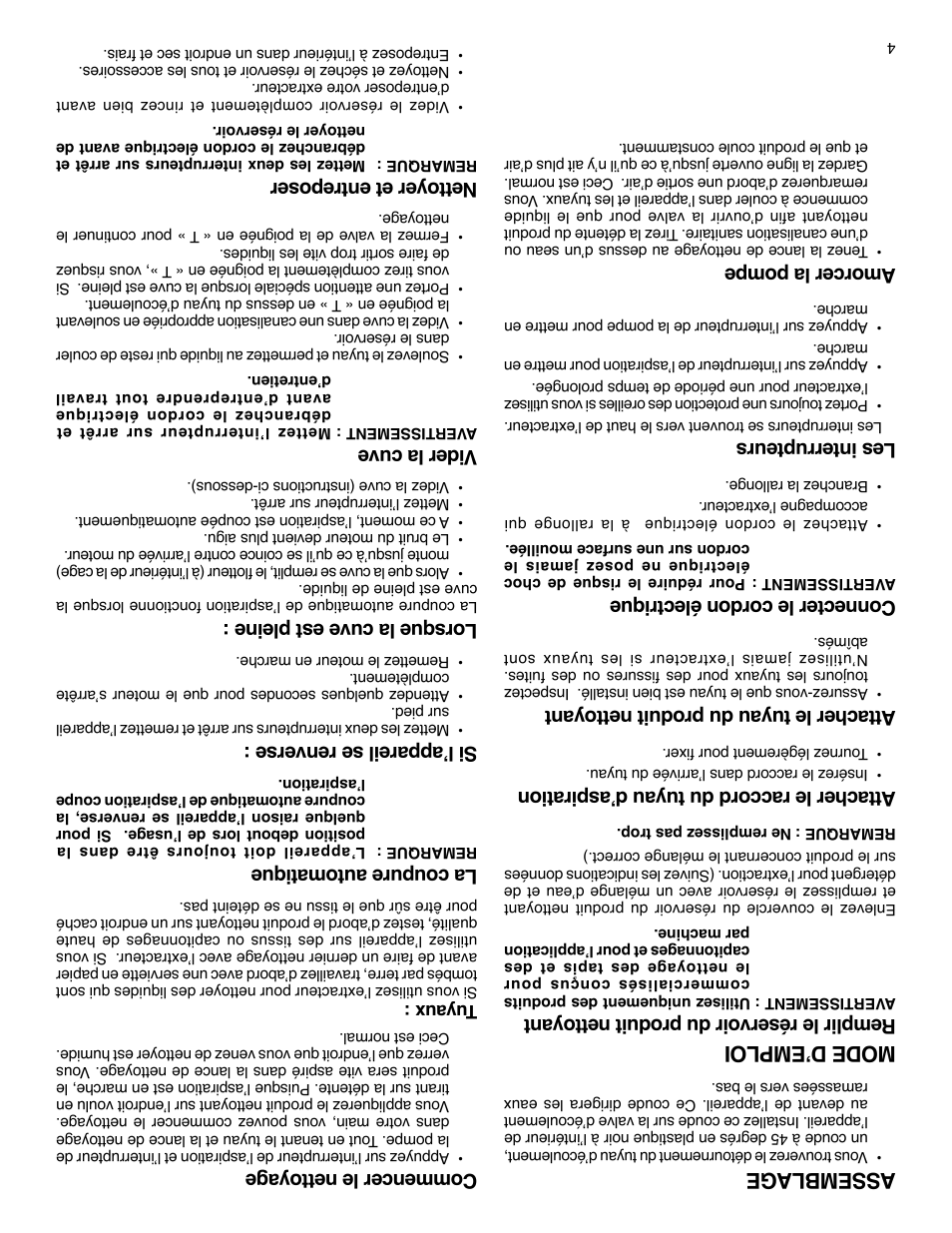 Ass em bla ge, Mo de dʼe mpl oi, Atta che r le ra cco rd du tuy au dʼa spi rat ion | Atta che r le tu yau du pr odu it n etto yan t, Con nec ter le co rdo n é lec triq ue, Les in ter rup teu rs, Com men cer le ne tto yag e, La cou pur e a uto mat iqu e, Si l ʼap par eil se ren ver se, Lor squ e la cu ve est pl ein e | Sanitaire SC6080 User Manual | Page 13 / 16