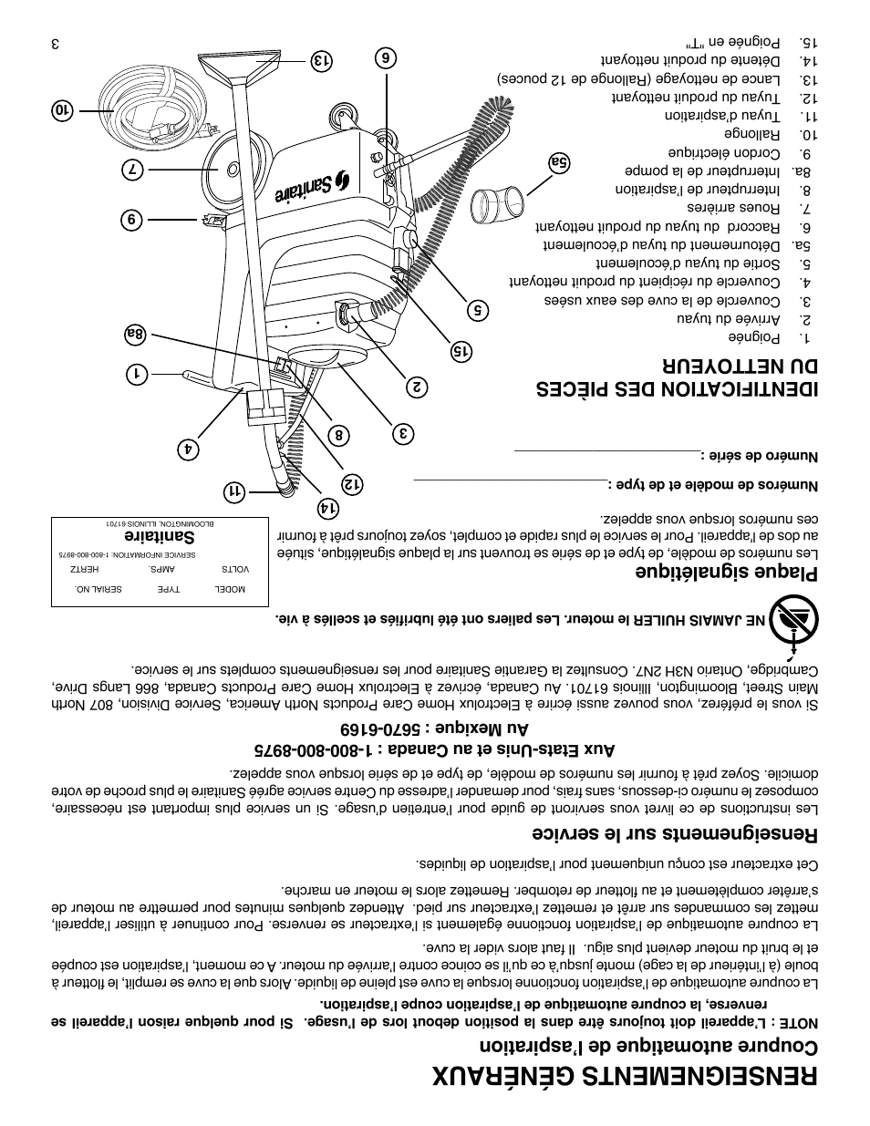 Ren sei gne men ts gén éra ux, Identification des pièces du nettoyeur, Ren sei gne men ts sur le se rvi ce | Pla que si gna lét iqu e | Sanitaire SC6080 User Manual | Page 14 / 16