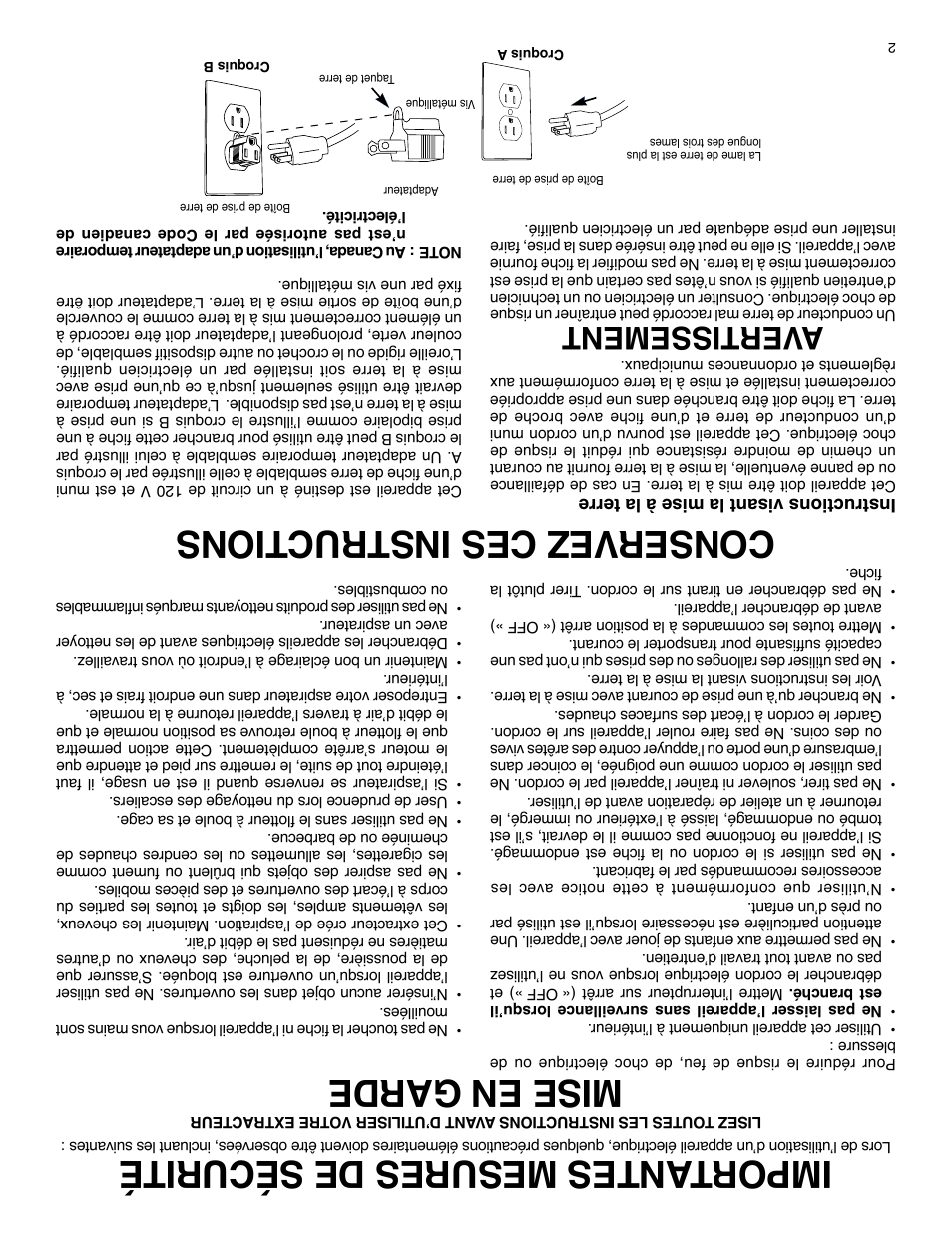 Im po rta nte s m esu res de sé cur ité, Co nse rve z c es ins tru cti ons, Avertissement | Sanitaire SC6080 User Manual | Page 15 / 16
