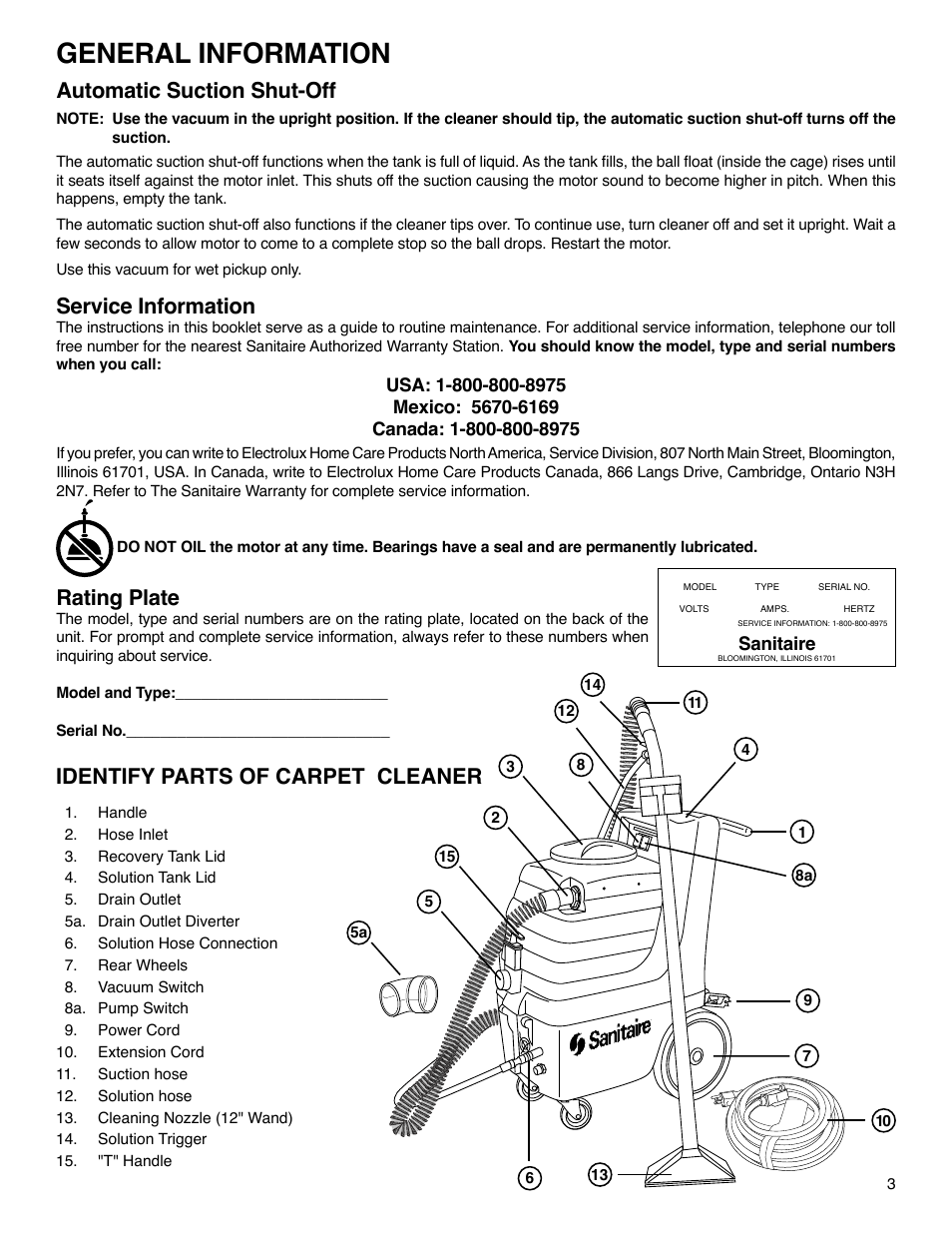 General information, Automatic suction shut-off, Service information | Rating plate, Identify parts of carpet cleaner | Sanitaire SC6080 User Manual | Page 3 / 16