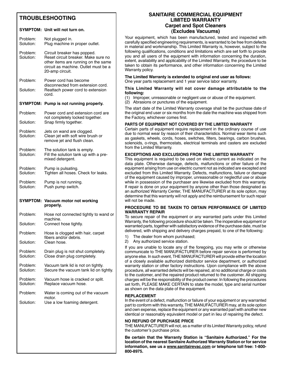 Troubleshooting | Sanitaire SC6080 User Manual | Page 5 / 16