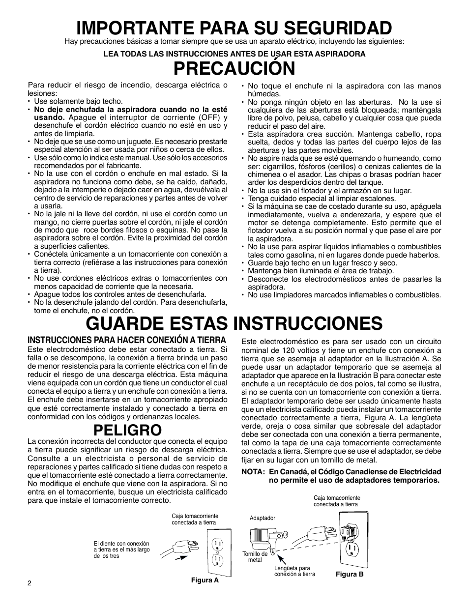 Importante para su seguridad, Precaución, Guarde estas instrucciones | Peligro | Sanitaire SC6080 User Manual | Page 7 / 16