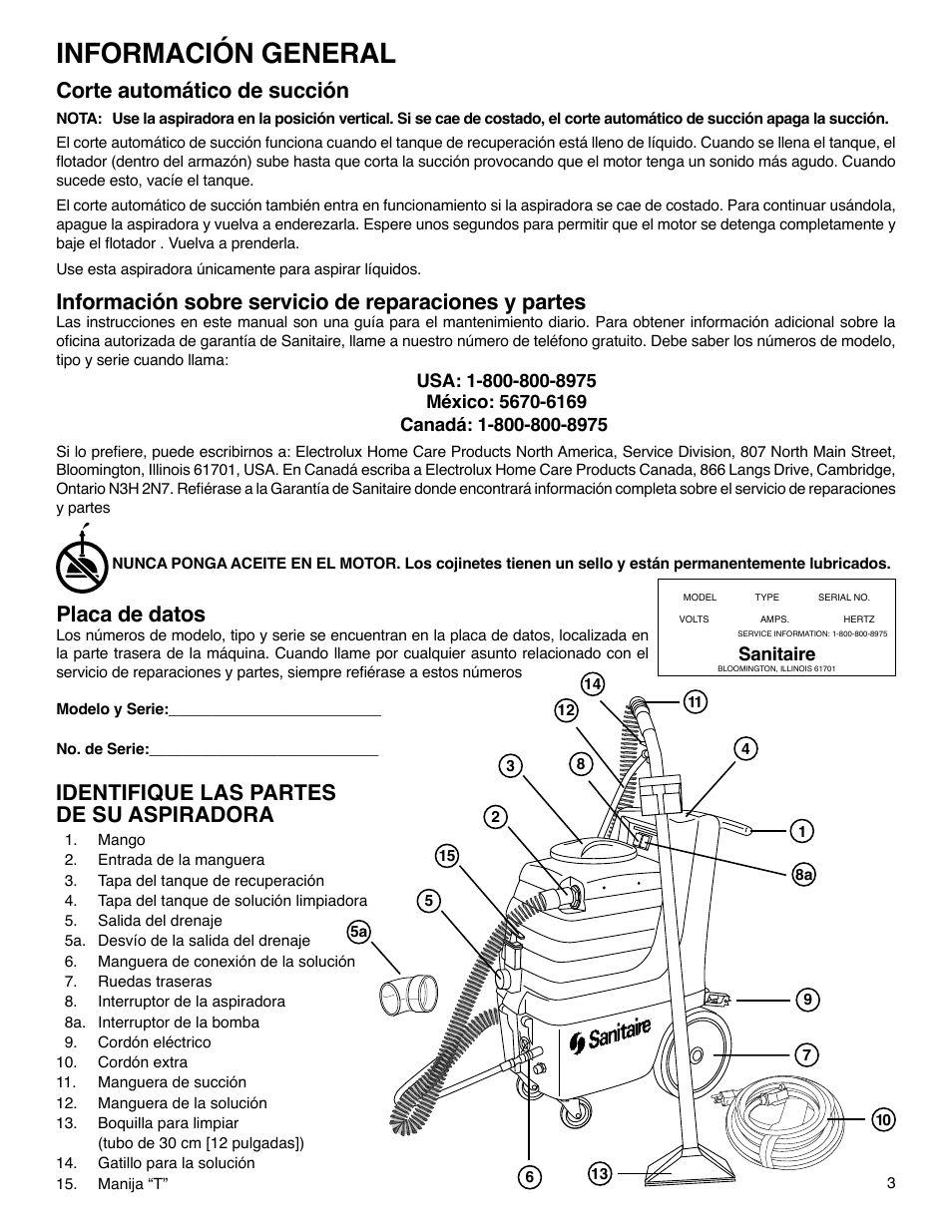 Información general, Corte automático de succión, Placa de datos | Identifique las partes de su aspiradora | Sanitaire SC6080 User Manual | Page 8 / 16