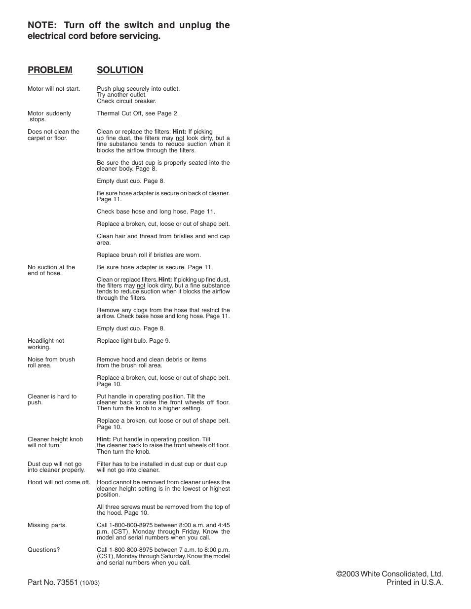 Problem solution | Sanitaire SC5800 Series User Manual | Page 12 / 12