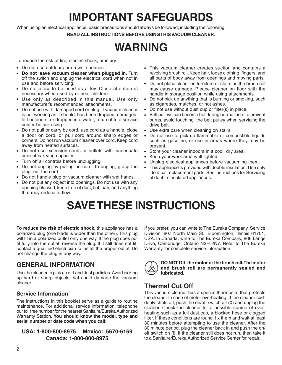 Important safeguards, Warning save these instructions, General information | Thermal cut off | Sanitaire SC5800 Series User Manual | Page 2 / 12
