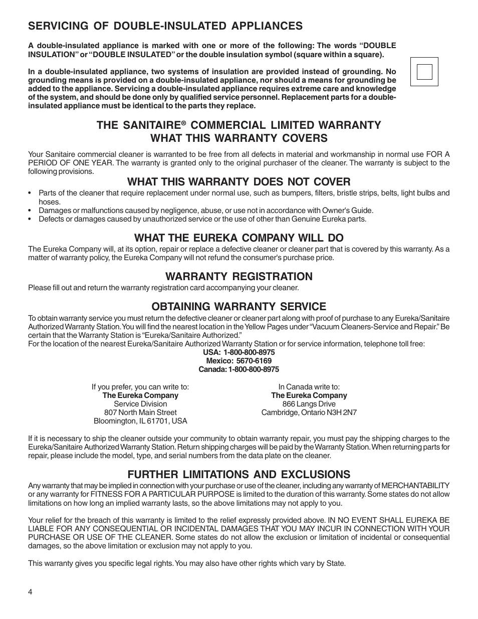 Servicing of double-insulated appliances, The sanitaire, What this warranty does not cover | What the eureka company will do, Warranty registration, Obtaining warranty service, Further limitations and exclusions | Sanitaire SC5800 Series User Manual | Page 4 / 12