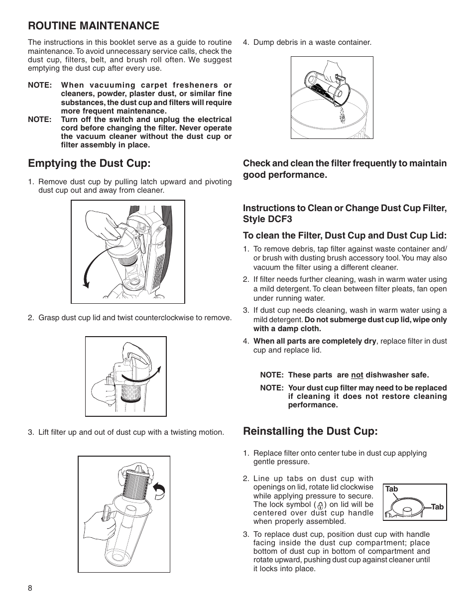 Routine maintenance, Emptying the dust cup, Reinstalling the dust cup | Sanitaire SC5800 Series User Manual | Page 8 / 12