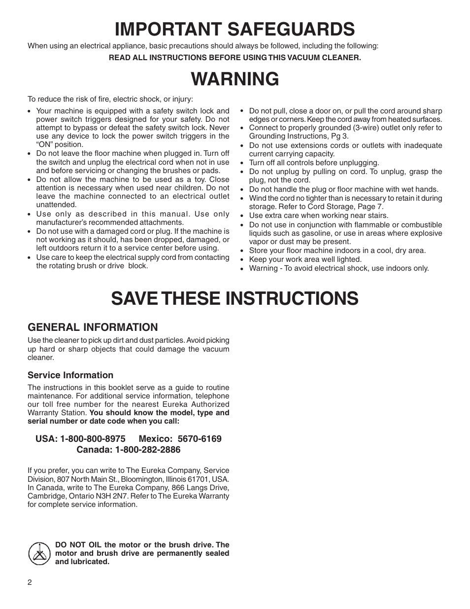 Important safeguards, Warning save these instructions, General information | Sanitaire 6000 User Manual | Page 2 / 8
