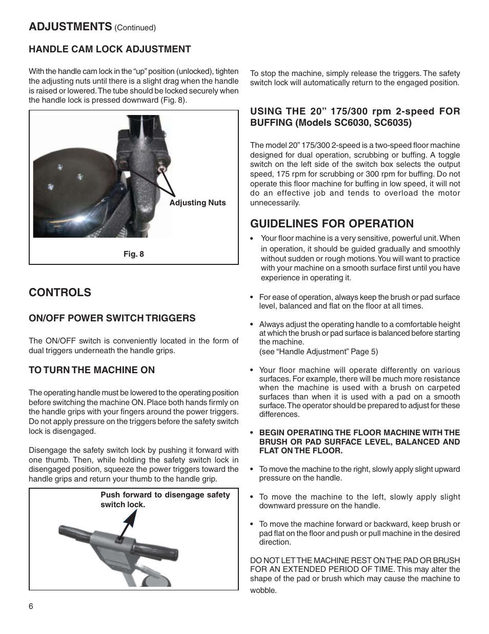 Adjustments, Controls, Guidelines for operation | Sanitaire 6000 User Manual | Page 6 / 8