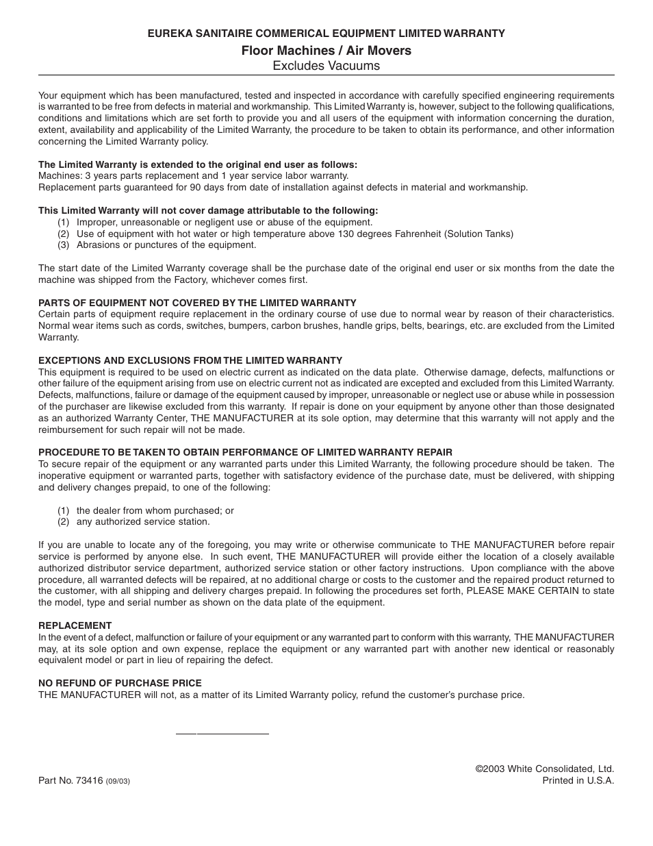 Floor machines / air movers excludes vacuums | Sanitaire 6000 User Manual | Page 8 / 8