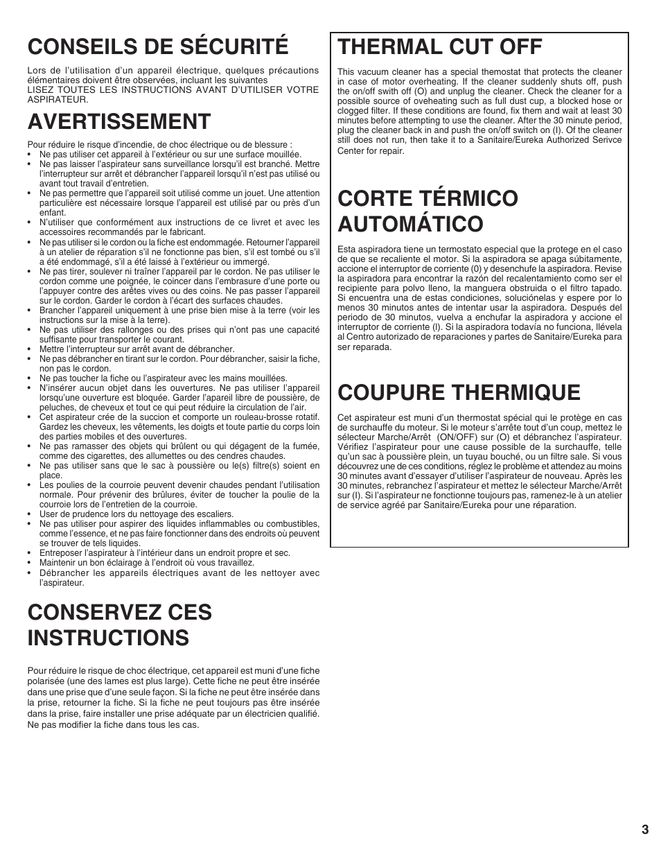 Thermal cut off, Corte térmico automático, Coupure thermique | Conservez ces instructions, Conseils de sécurité, Avertissement | Sanitaire 9100 Series User Manual | Page 3 / 12