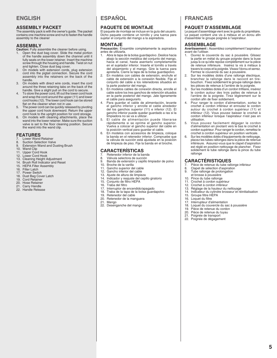 English, Español, Francais | Assembly packet, Assembly, Features, Paquete de montaje, Montaje, Características, Paquet d’assemblage | Sanitaire 9100 Series User Manual | Page 5 / 12