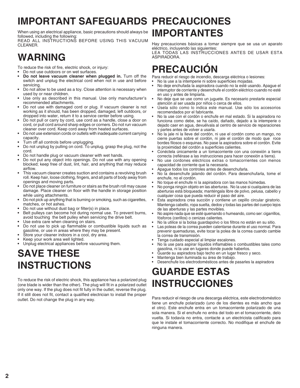 Save these instructions, Important safeguards, Warning | Guarde estas instrucciones, Precauciones importantes, Precaución | Sanitaire 9020 User Manual | Page 2 / 8