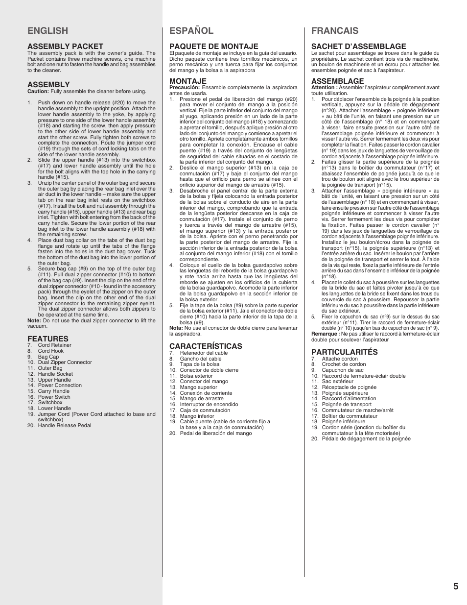 5english, Español, Francais | Assembly packet, Assembly, Features, Paquete de montaje, Montaje, Características, Sachet d’assemblage | Sanitaire 9020 User Manual | Page 5 / 8