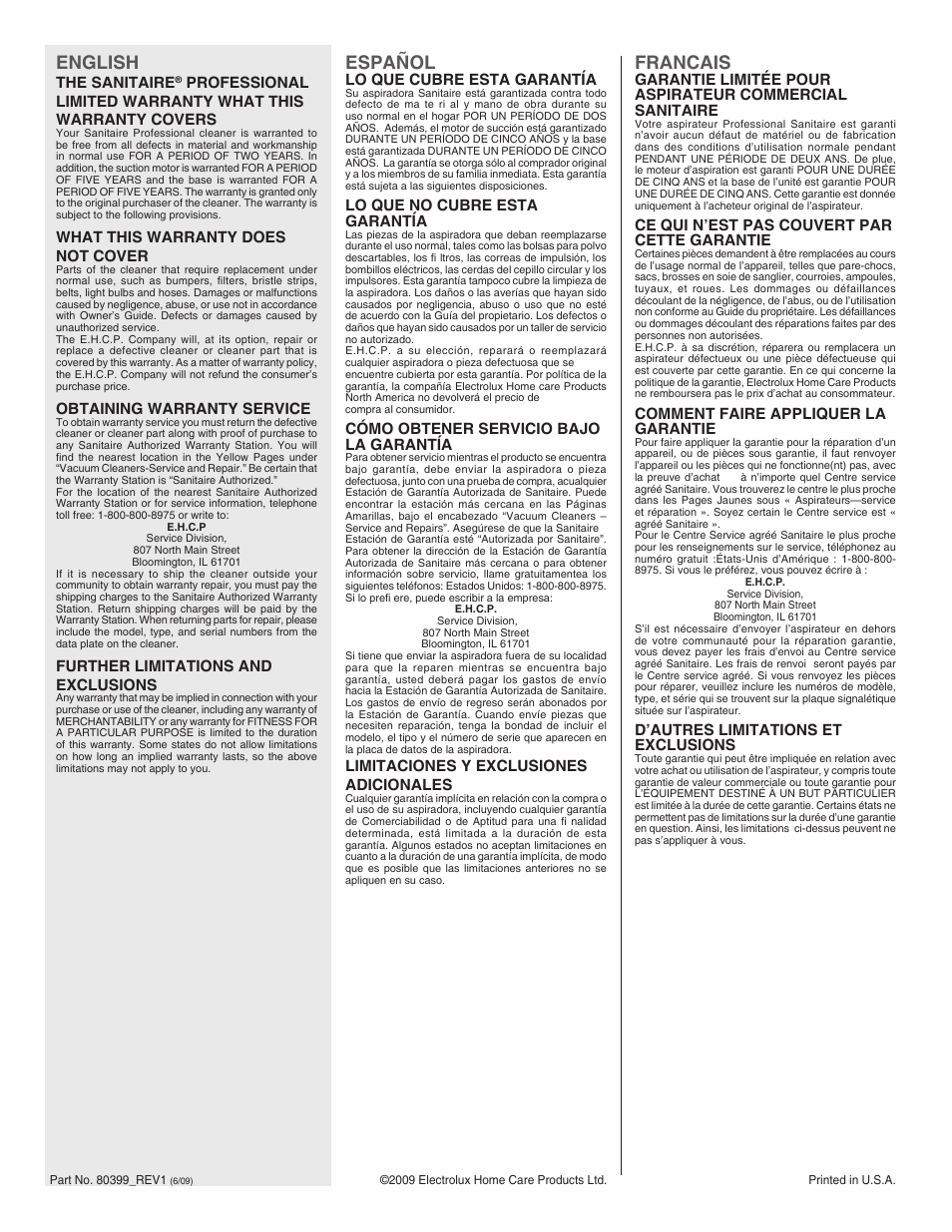 English, Español, Francais | The sanitaire, What this warranty does not cover, Obtaining warranty service, Further limitations and exclusions, Lo que cubre esta garantía, Lo que no cubre esta garantía, Cómo obtener servicio bajo la garantía | Sanitaire 9020 User Manual | Page 8 / 8
