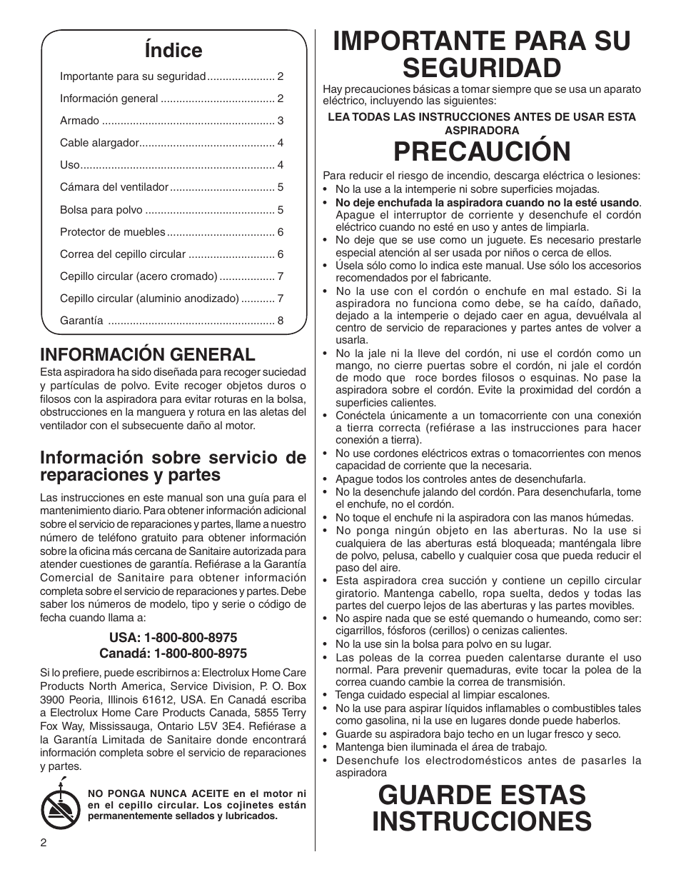 Importante para su seguridad, Precaución, Guarde estas instrucciones | Índice, Información general | Sanitaire 800 User Manual | Page 10 / 24