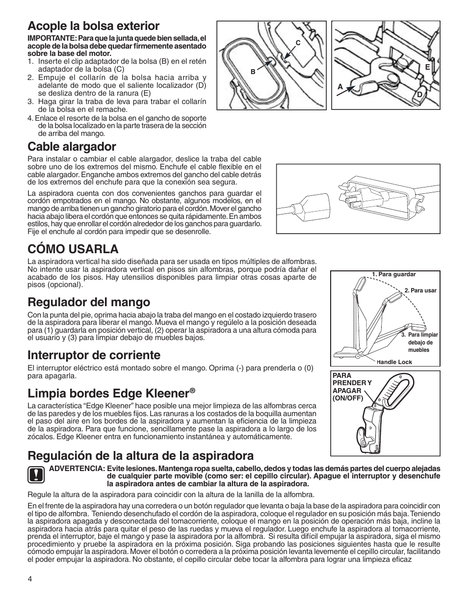 Acople la bolsa exterior, Cable alargador, Cómo usarla | Regulador del mango, Interruptor de corriente, Limpia bordes edge kleener, Regulación de la altura de la aspiradora, 001 assembled | Sanitaire 800 User Manual | Page 12 / 24