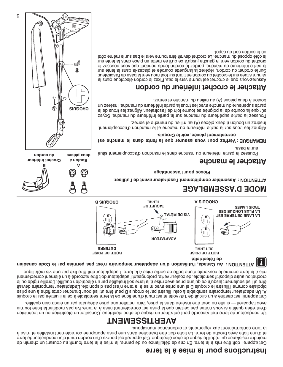 Aver tissement, Instructions pour la mise à la terre, Mode d’assemblage | Att ach er le man che | Sanitaire 800 User Manual | Page 22 / 24