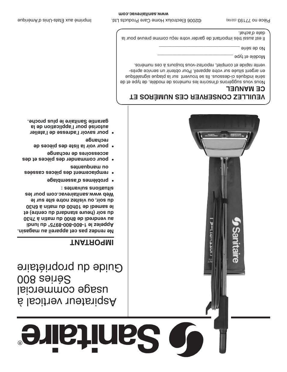 Important | Sanitaire 800 User Manual | Page 24 / 24