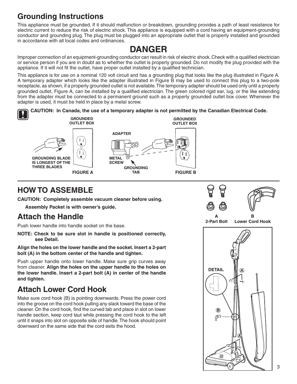 Danger, Grounding instructions, How to assemble | Attach the handle, Attach lower cord hook | Sanitaire 800 User Manual | Page 3 / 24