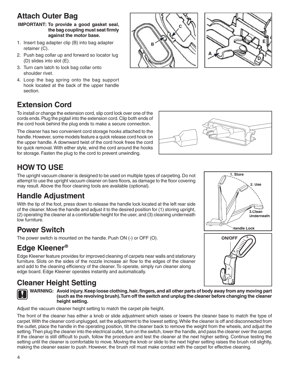 Attach outer bag, Extension cord, How to use | Handle adjustment, Power switch, Edge kleener, Cleaner height setting, 001 assembled | Sanitaire 800 User Manual | Page 4 / 24