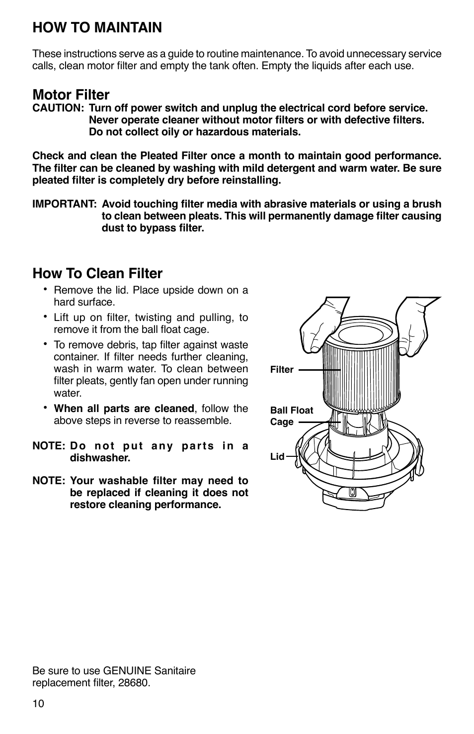 How to maintain, Motor filter, How to clean filter | Sanitaire SC2800 User Manual | Page 10 / 16