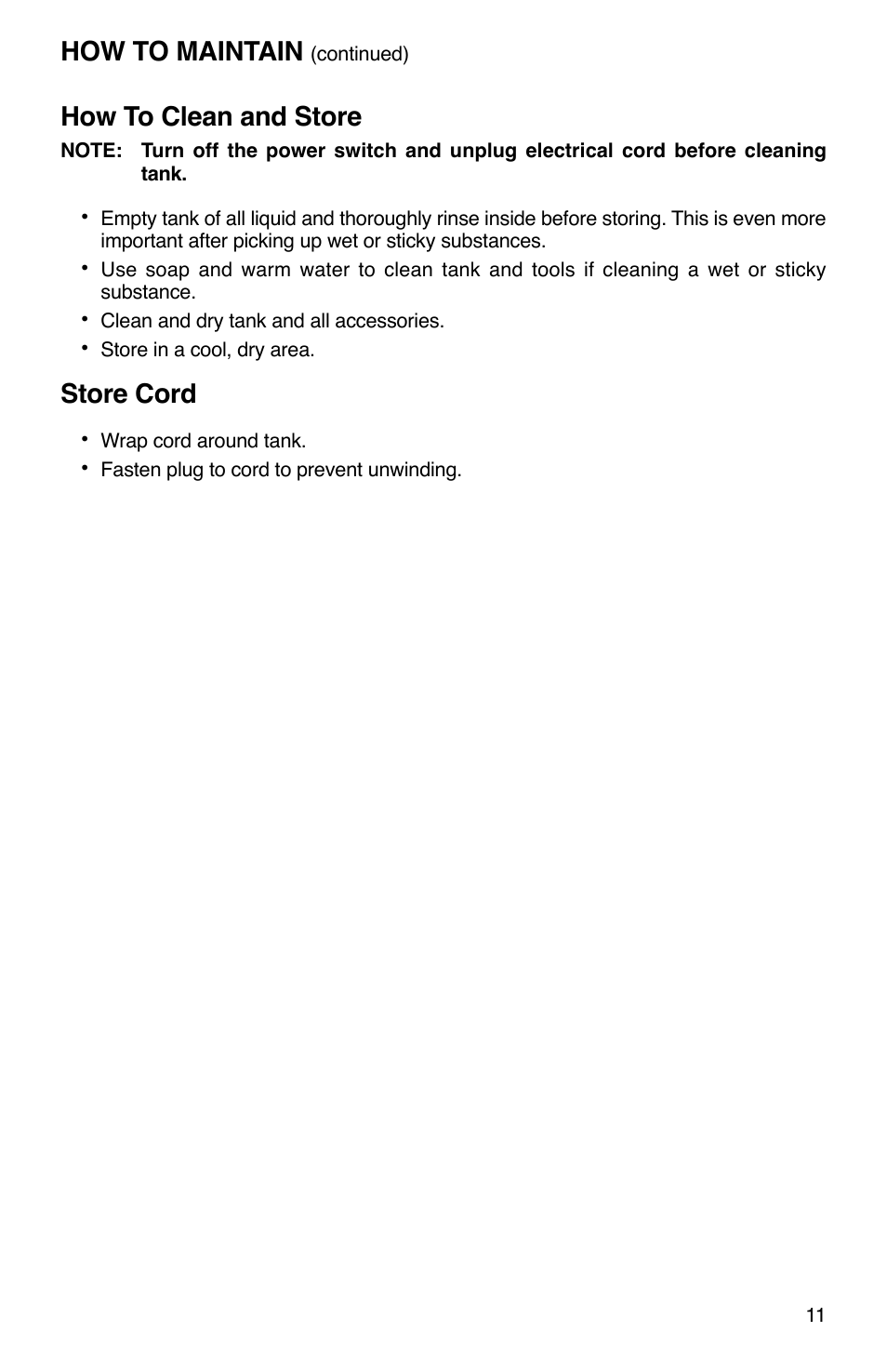 Store cord, How to maintain, How to clean and store | Sanitaire SC2800 User Manual | Page 11 / 16