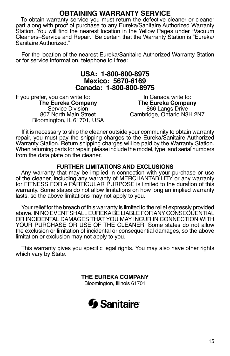 Obtaining warranty service | Sanitaire SC2800 User Manual | Page 15 / 16