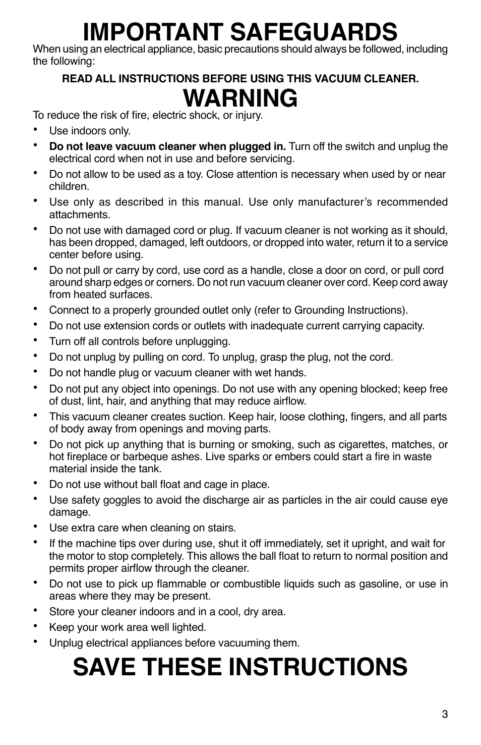 Important safeguards, Warning, Save these instructions | Sanitaire SC2800 User Manual | Page 3 / 16