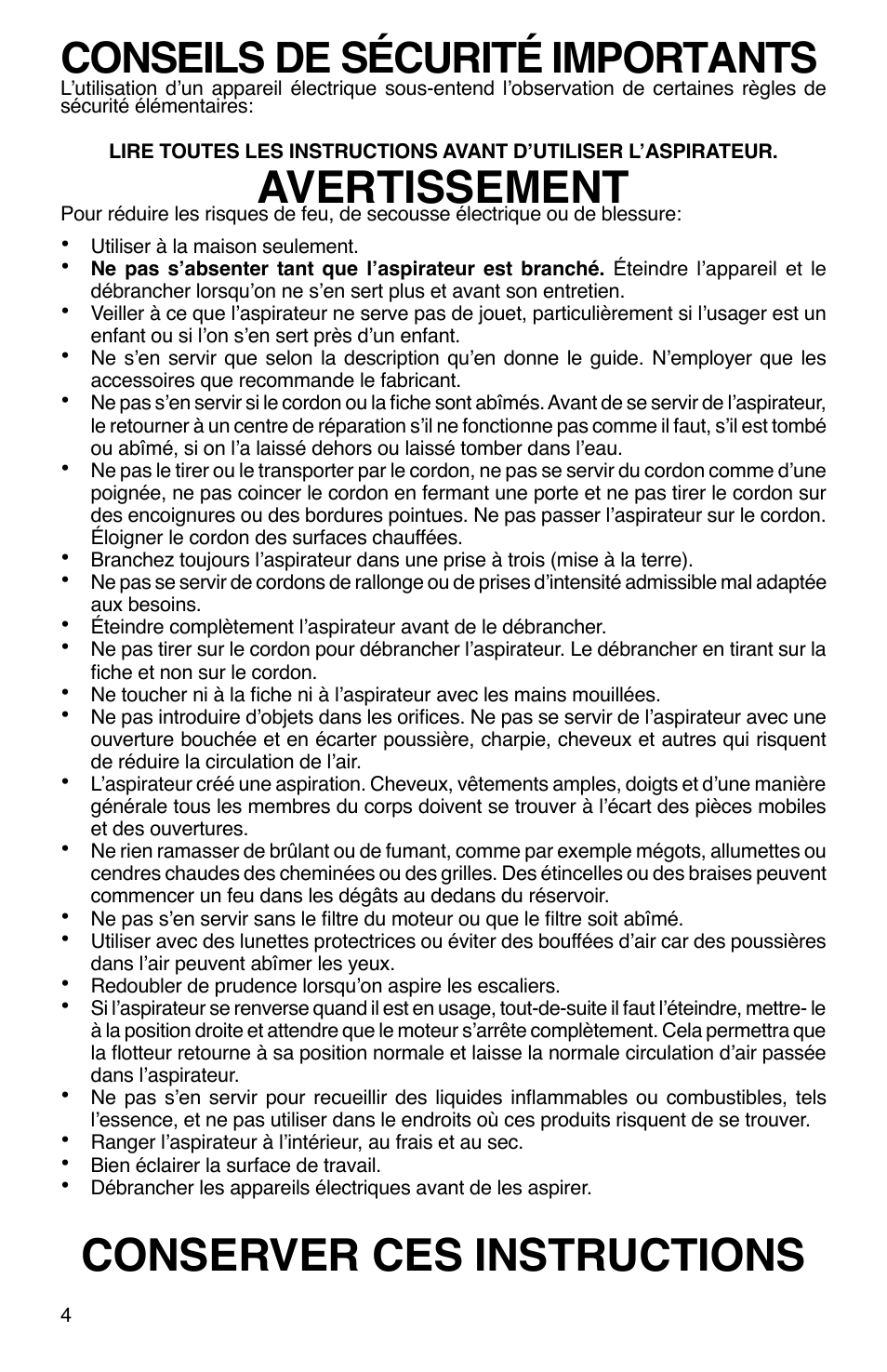 Avertissement, Conserver ces instructions, Conseils de sécurité importants | Sanitaire SC2800 User Manual | Page 4 / 16
