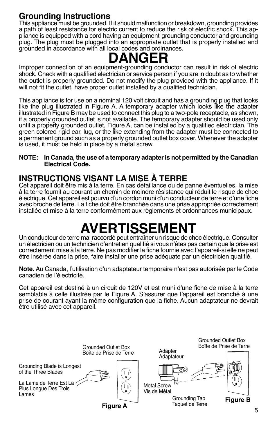 Danger, Avertissement, Grounding instructions | Instructions visant la mise à terre | Sanitaire SC2800 User Manual | Page 5 / 16