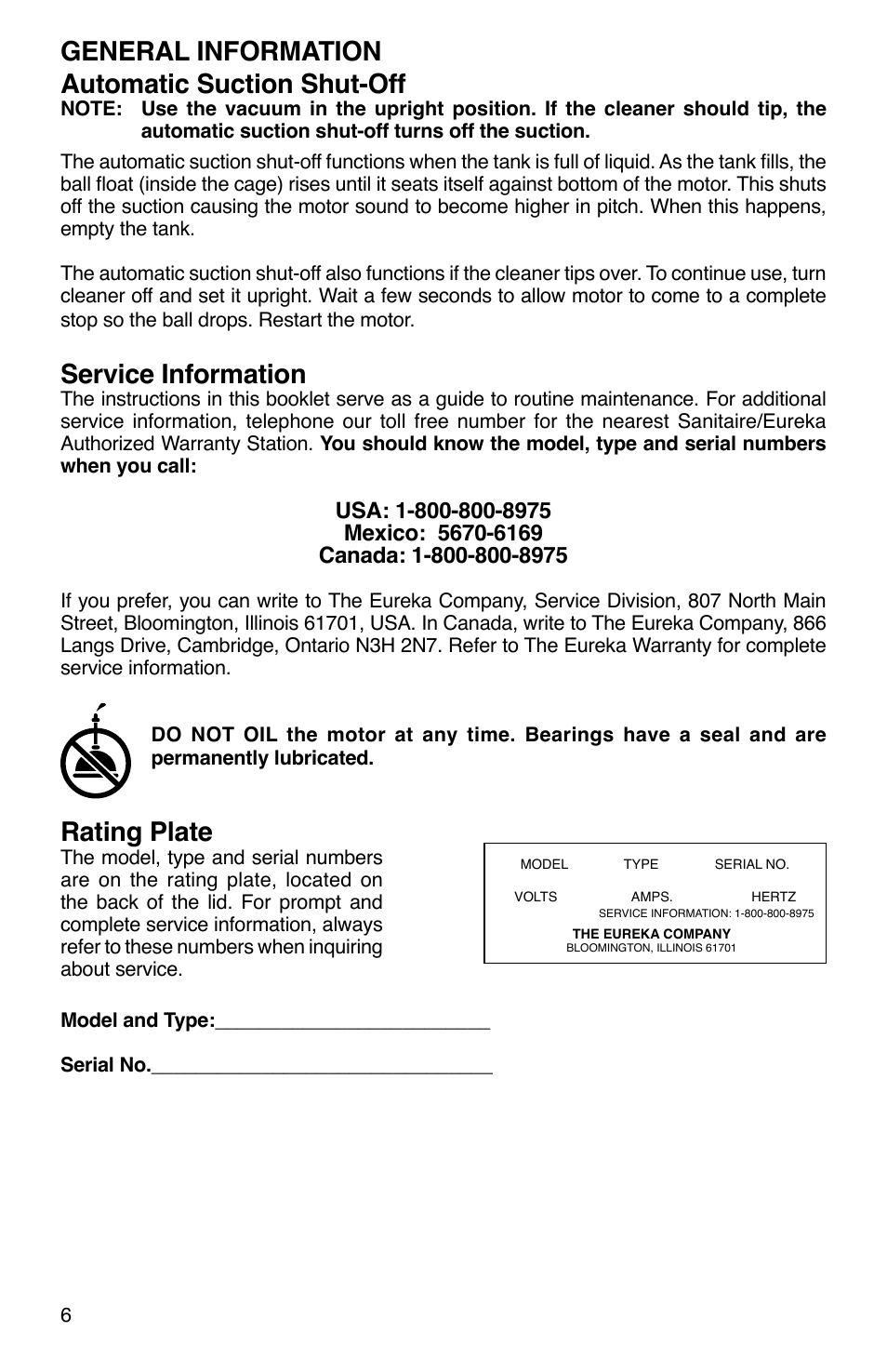 General information automatic suction shut-off, Service information, Rating plate | Sanitaire SC2800 User Manual | Page 6 / 16