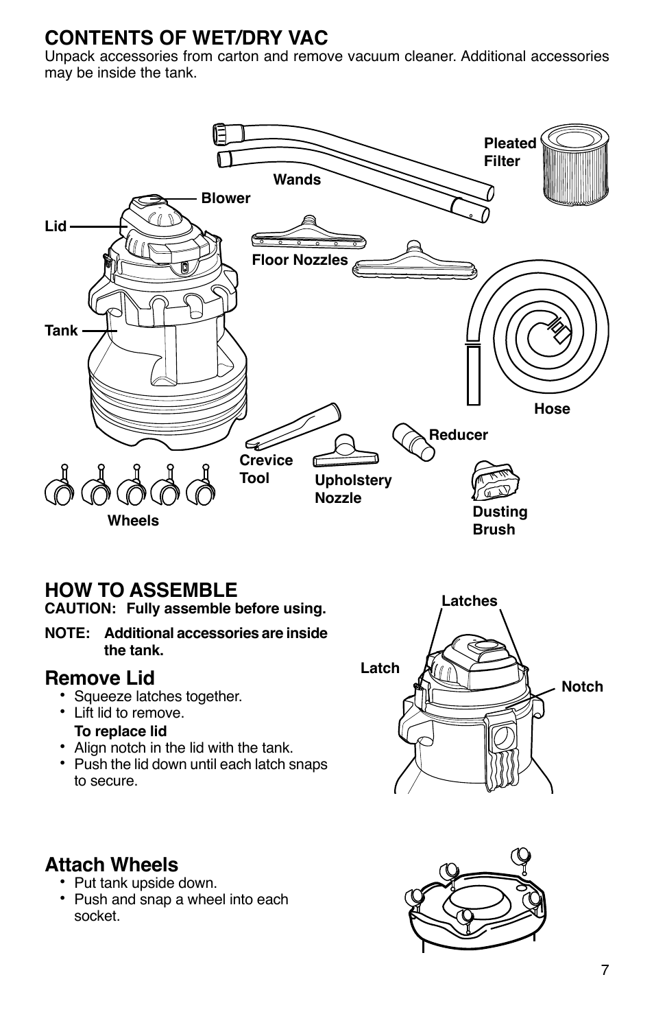 Contents of wet/dry vac, How to assemble, Remove lid | Attach wheels | Sanitaire SC2800 User Manual | Page 7 / 16