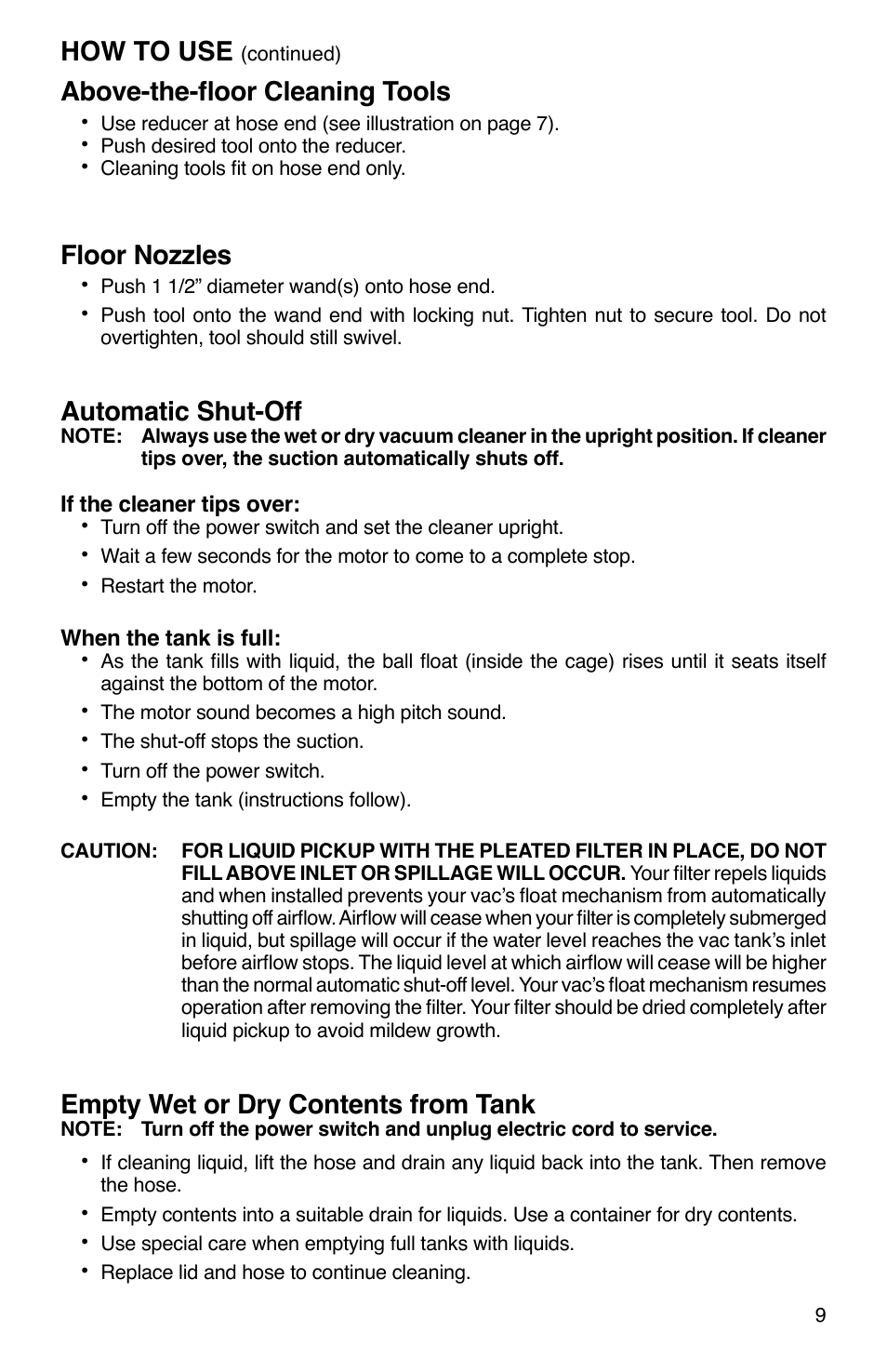 Automatic shut-off, Above-the-ﬂoor cleaning tools, How to use | Empty wet or dry contents from tank, Floor nozzles | Sanitaire SC2800 User Manual | Page 9 / 16