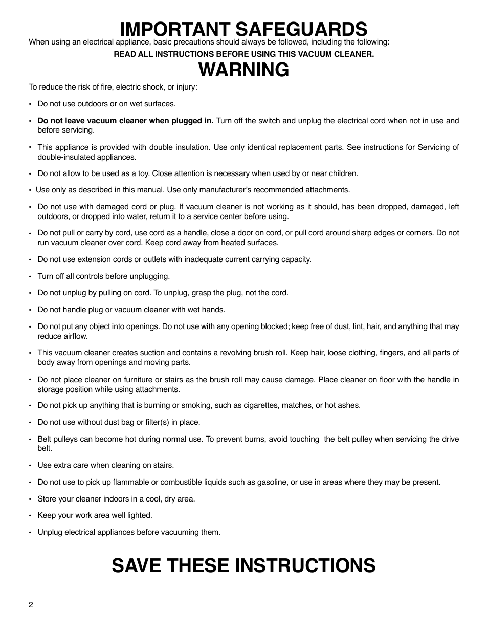 Important safeguards, Warning save these instructions | Sanitaire SC5700 Series User Manual | Page 2 / 12
