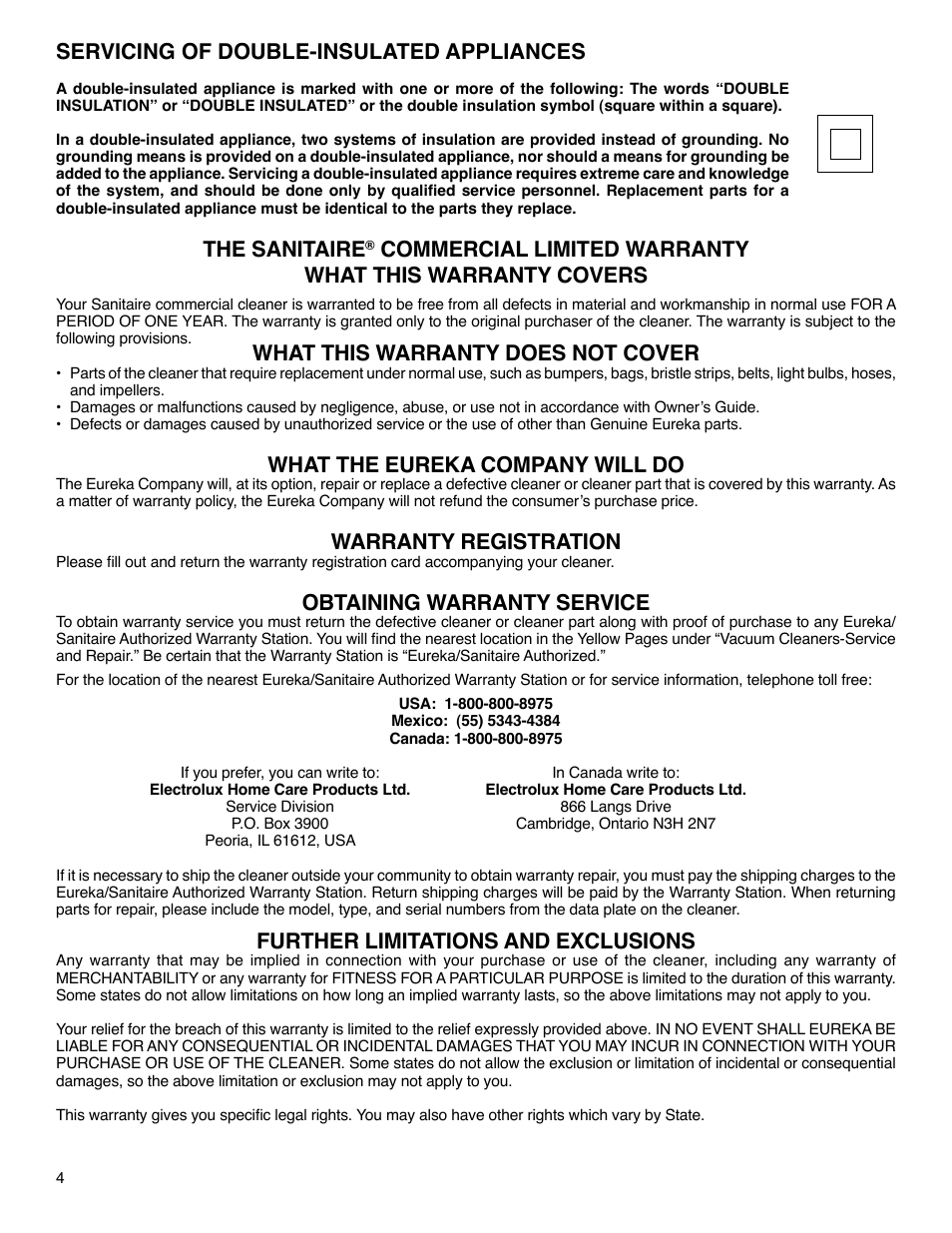 Servicing of double-insulated appliances, The sanitaire, What this warranty does not cover | What the eureka company will do, Warranty registration, Obtaining warranty service, Further limitations and exclusions | Sanitaire SC5700 Series User Manual | Page 4 / 12