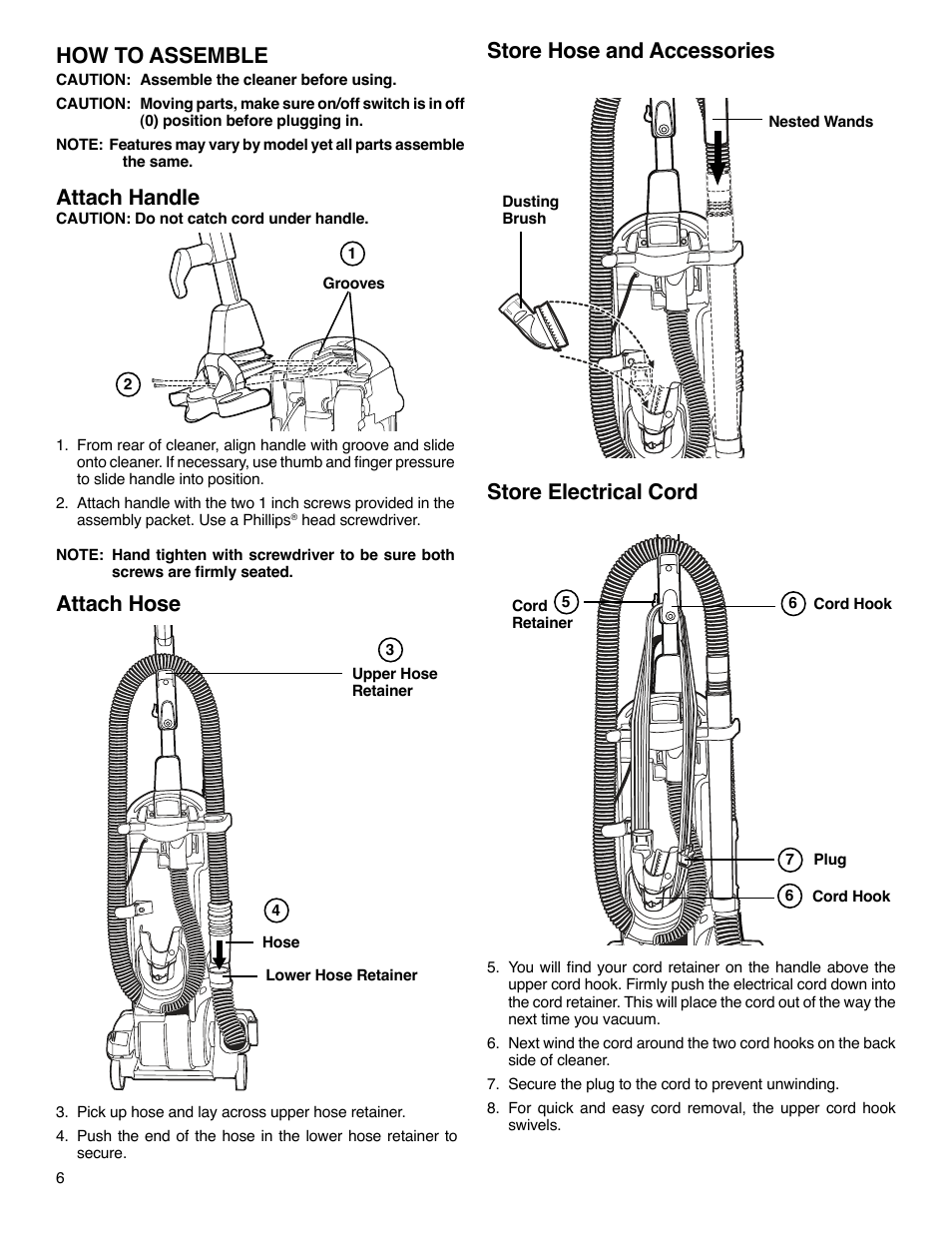 How to assemble attach handle, Attach hose store hose and accessories, Store electrical cord | Sanitaire SC5700 Series User Manual | Page 6 / 12