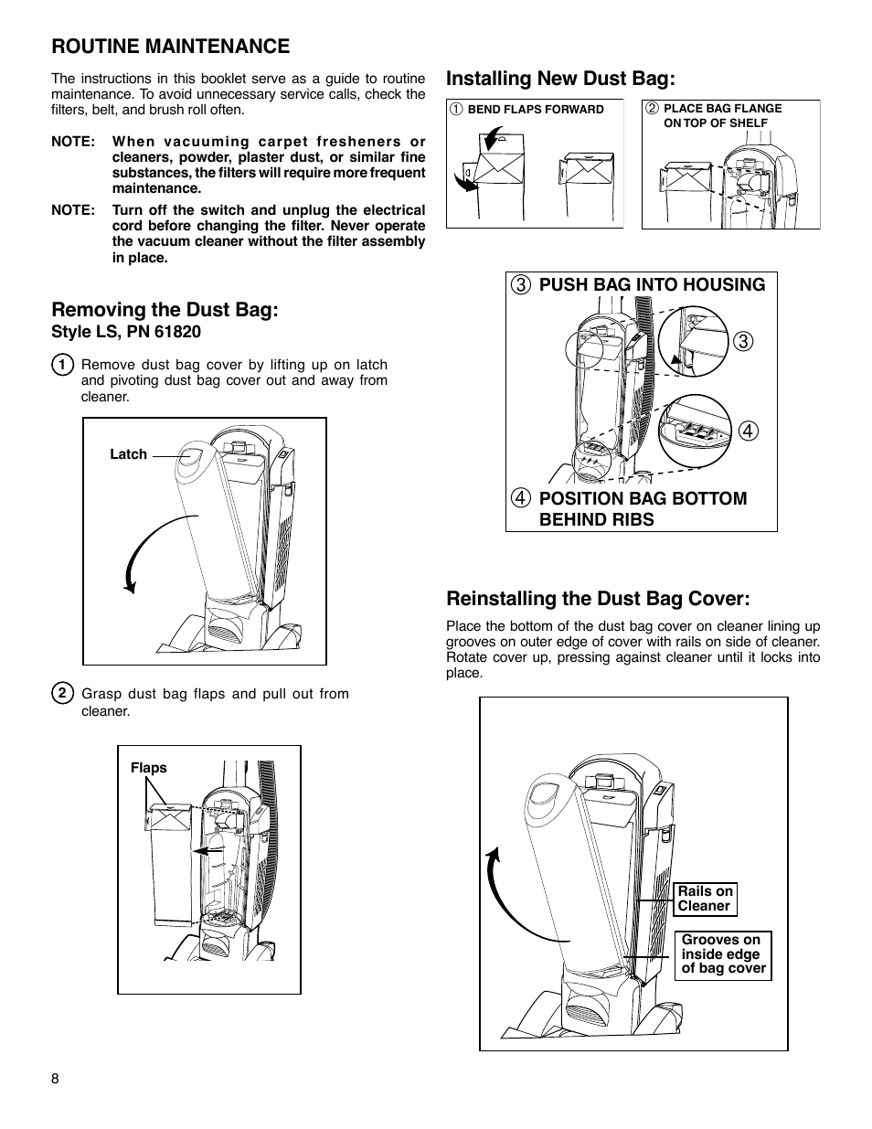 Routine maintenance, Removing the dust bag, Installing new dust bag | Reinstalling the dust bag cover | Sanitaire SC5700 Series User Manual | Page 8 / 12