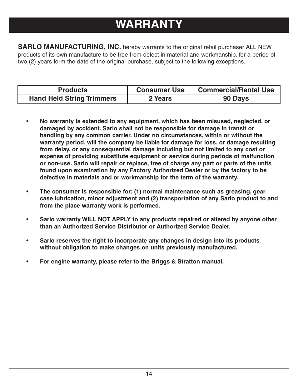 Warranty | Sarlo BC-8 User Manual | Page 16 / 16