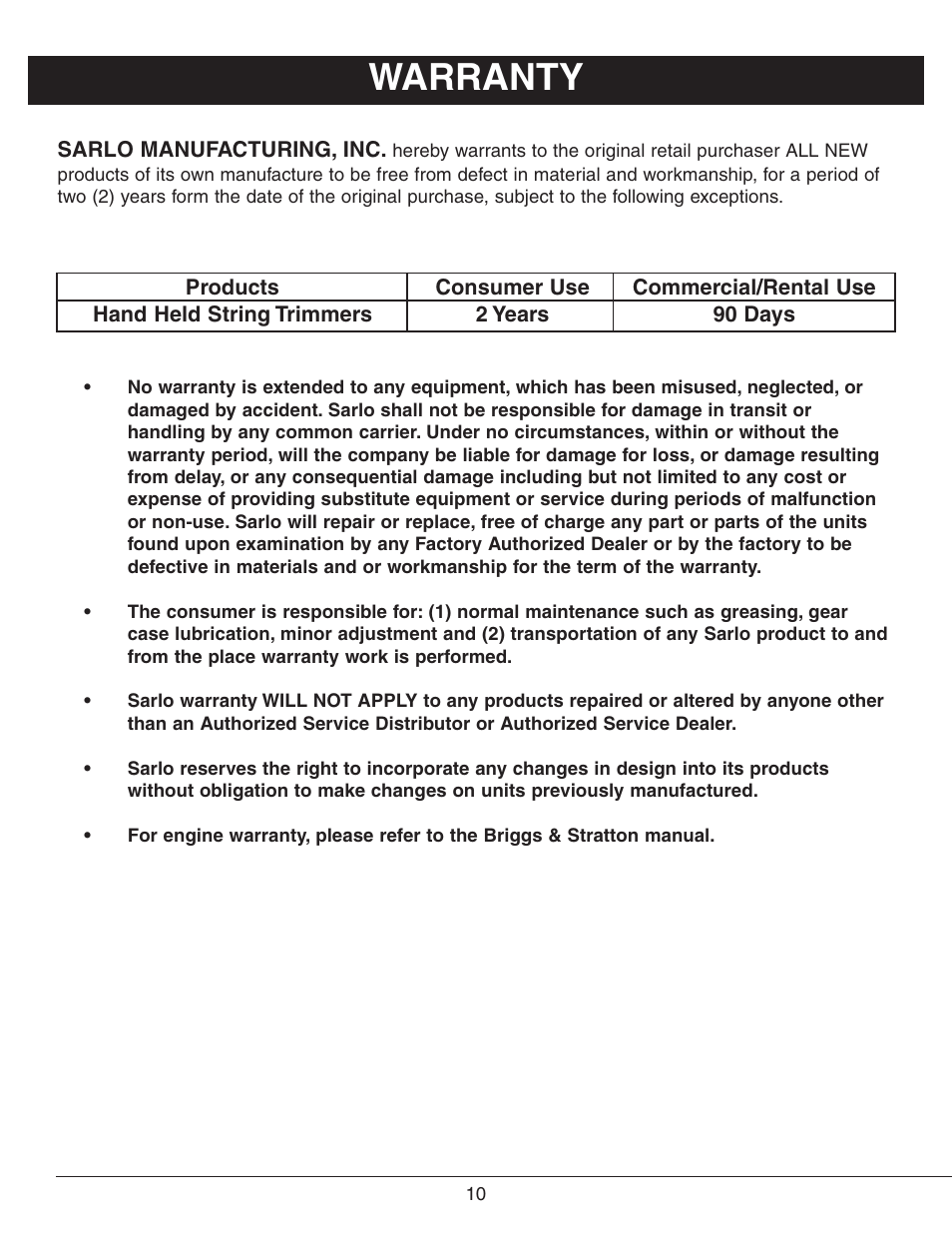 Warranty | Sarlo CS-16 User Manual | Page 12 / 12