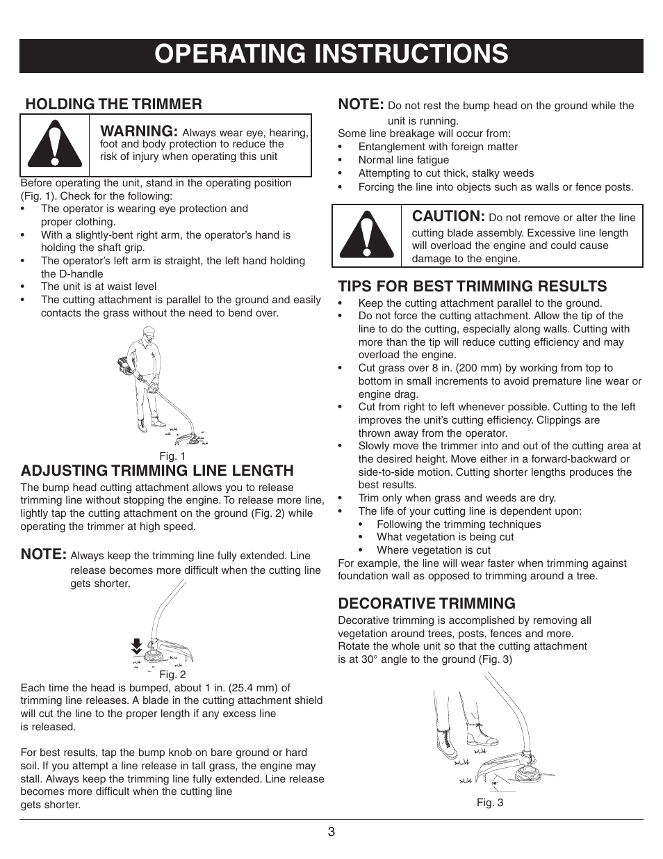 Operating instructions, Holding the trimmer warning, Adjusting trimming line length | Caution, Tips for best trimming results, Decorative trimming | Sarlo CS-16 User Manual | Page 5 / 12