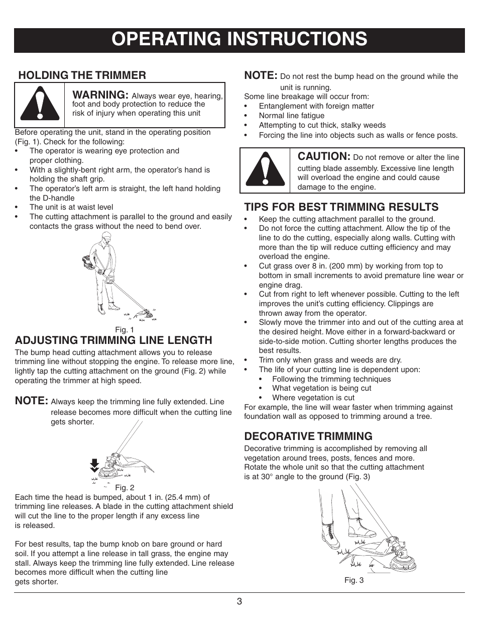Operating instructions, Holding the trimmer warning, Adjusting trimming line length | Caution, Tips for best trimming results, Decorative trimming | Sarlo SS-18 User Manual | Page 5 / 12
