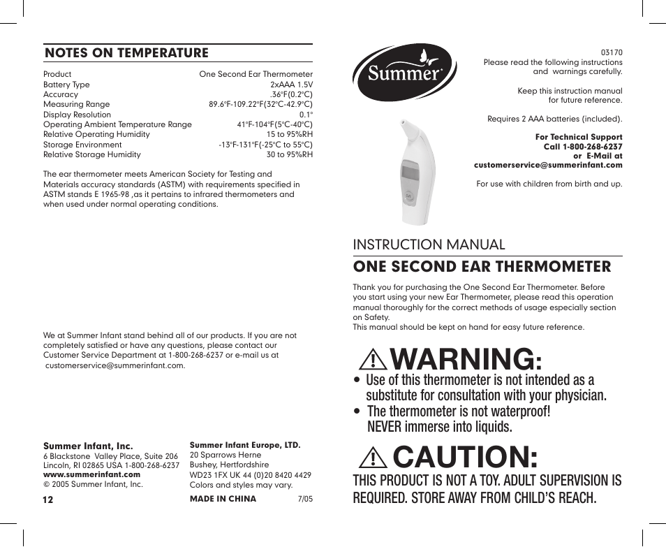 Warning, Caution, One second ear thermometer | Instruction manual | Summer Infant 03170 User Manual | Page 12 / 12