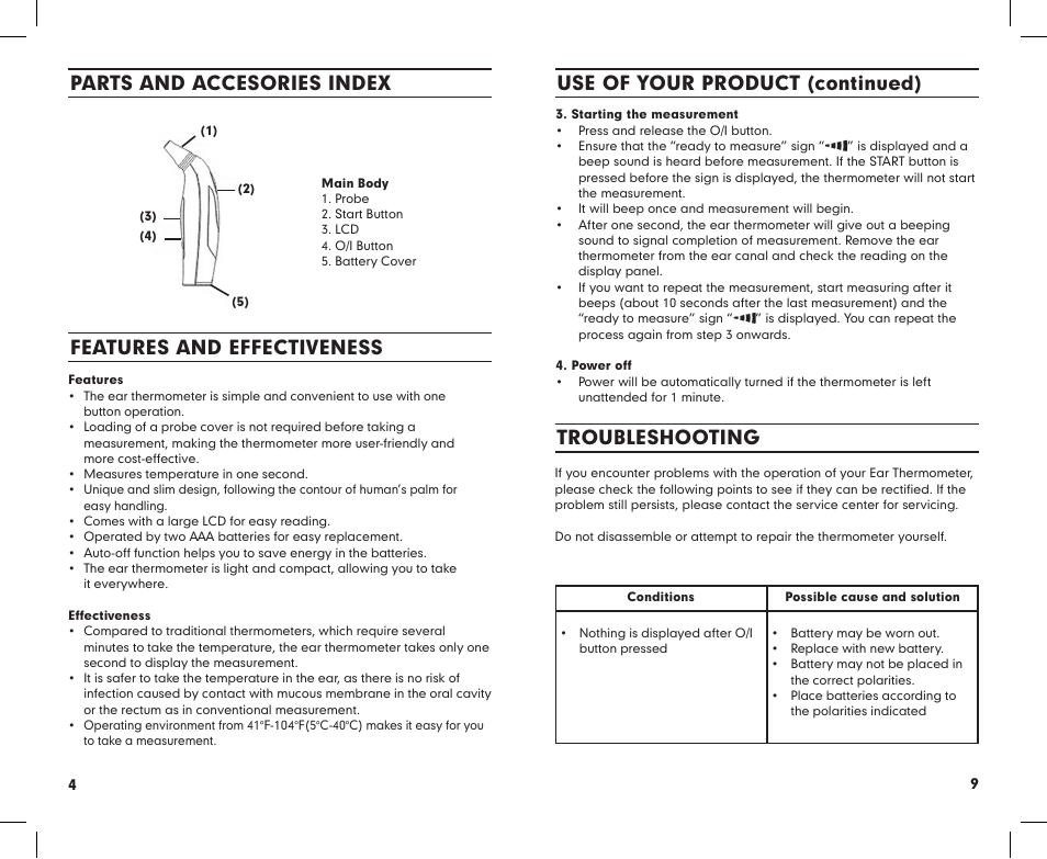 Parts and accesories index, Features and effectiveness, Use of your product (continued) | Troubleshooting | Summer Infant 03170 User Manual | Page 9 / 12