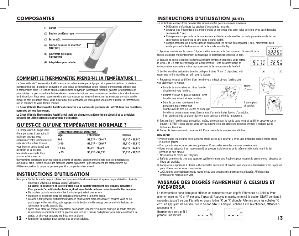 Comment le thermomètre prend-t-il la température, Qu’est-ce qu’une température normale, Instructions d’utilisation | Summer Infant Ear Thermometer User Manual | Page 13 / 25