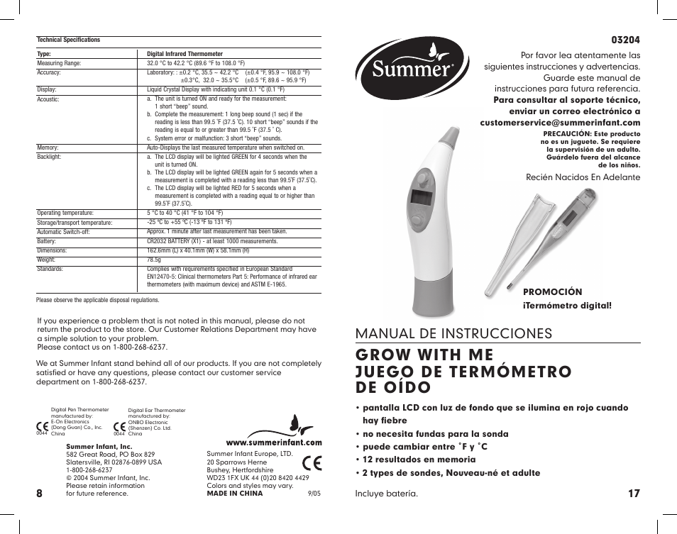 Grow with me juego de termómetro de oído, Manual de instrucciones | Summer Infant Ear Thermometer User Manual | Page 18 / 25