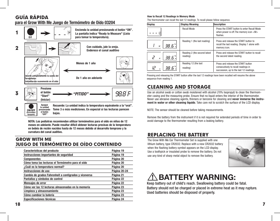 Battery warning, Replacing the battery, Cleaning and storage | Guía rápida | Summer Infant Ear Thermometer User Manual | Page 19 / 25